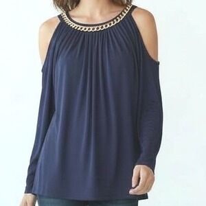 Michael Kors Navy Blue Chain Neck Dolman Sleeve Top Womens M cold shoulder